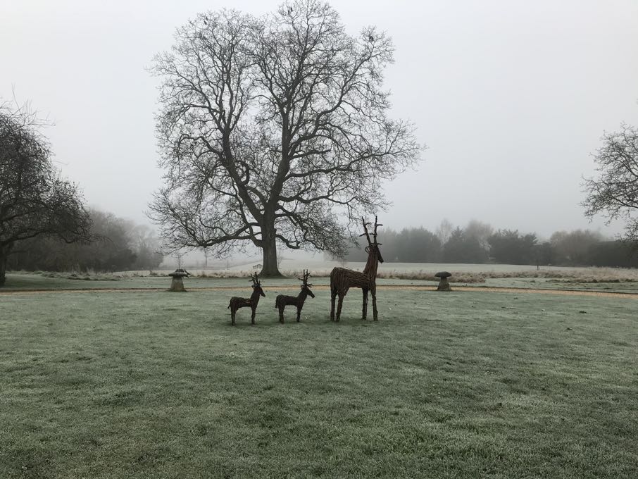 Frost covered Abbots Grange grounds with a family of wooden deer sculptures on show